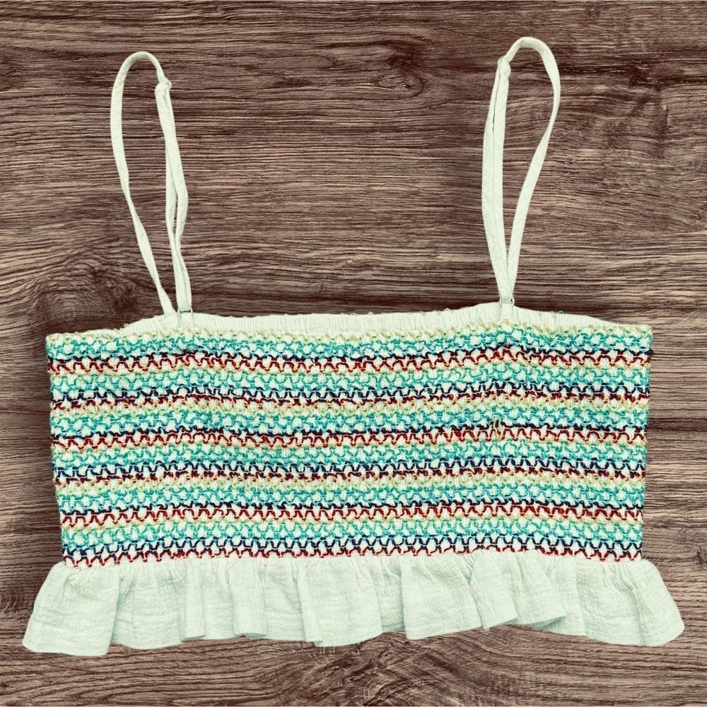 Forever 21 Smocked Crop Top Multicolor Zigzag Ruffle Spaghetti Strap Medium M